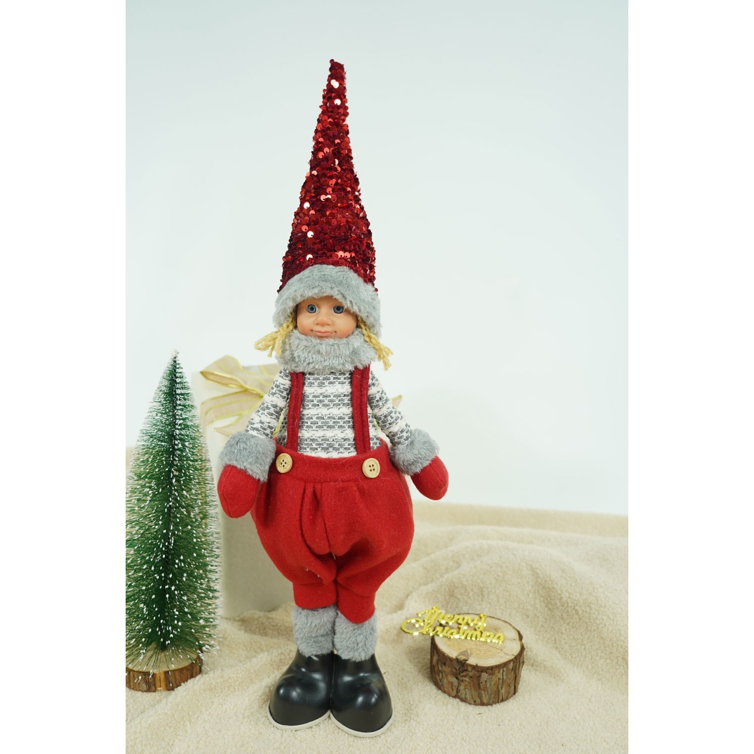 Ornament de Craciun papusa, Flippy, rosu/gri, textil, 58 cm - imagine 3