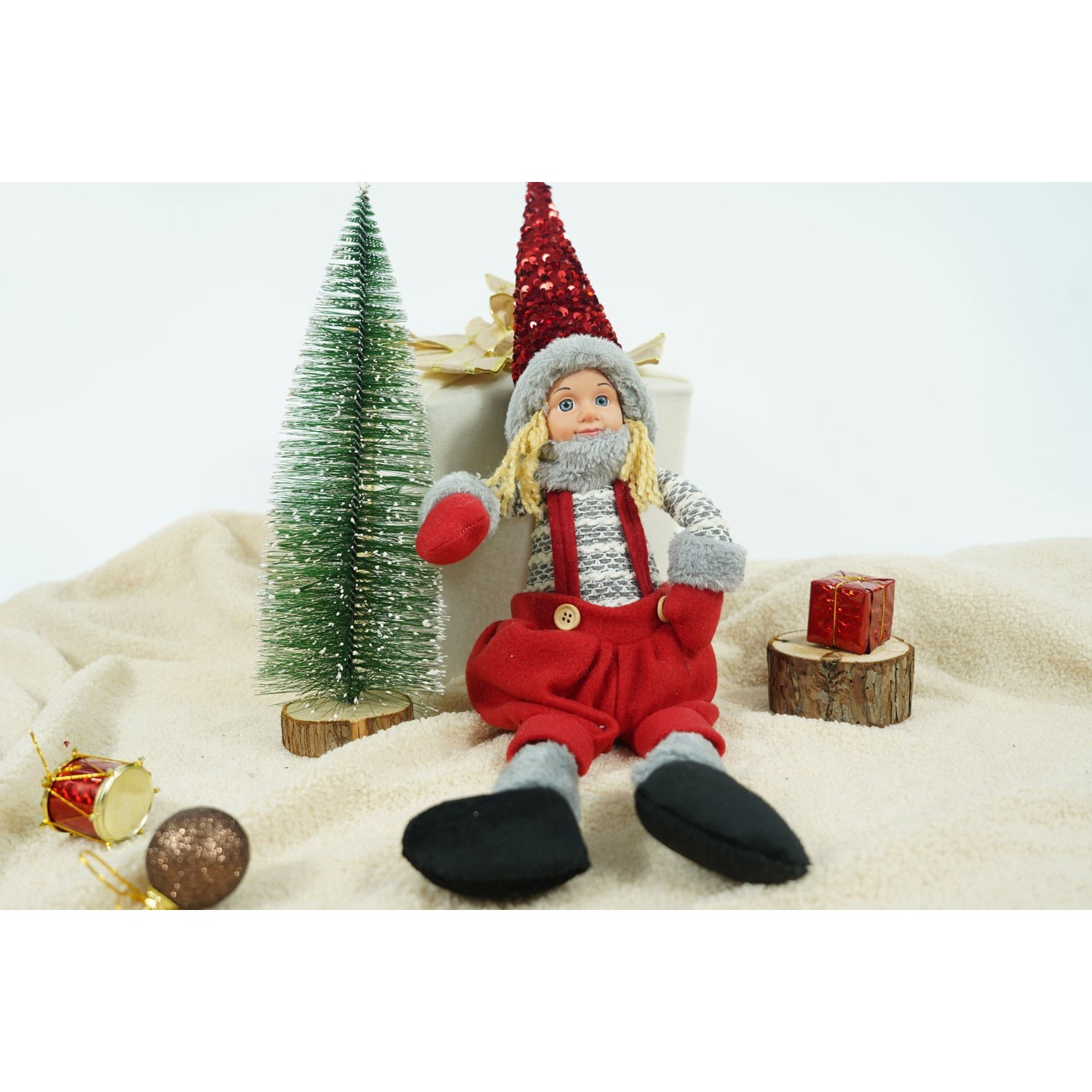 Ornament de Craciun papusa, Flippy, rosu/gri, textil, 62 cm - imagine 3