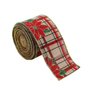 Panglica de Craciun pentru Decor Brad, Flippy, Panglica Decorativa de Craciun pentru Funde, Imprimeu Floare Rosie, 200 x 6.3 m, Khaki Rosu