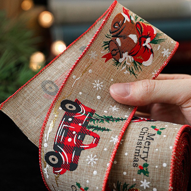 Panglica de Craciun pentru Decor Brad, Flippy, Panglica Decorativa de Craciun pentru Funde, Imprimeu Pick-Up Merry Christmas, 200 x 6.3 m, Khaki Rosu - imagine 3