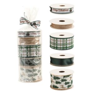 Panglica Decorativa cu Tematica de Craciun, Flippy, Set din 4 bucat + 1 Rulon Ata Maro, Panglica pentru Cadou de Craciun Brad si Decor, 2 M per bucata, Model Brad, Alb Verde