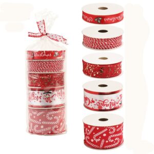 Panglica Decorativa cu Tematica de Craciun, Flippy, Set din 4 bucat + 1 Rulon Ata Rosie Alba, Panglica pentru Cadou de Craciun Brad si Decor, 2 M per bucata, Model Acadele, Rosu