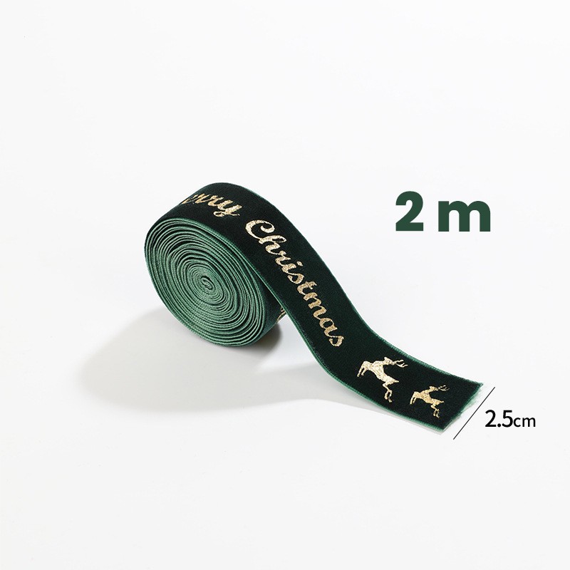 Panglica Decorativa de Craciun, Flippy, Panglica din Panza cu aspec de Catifea, Funda Ornament, Model Merry Christmas si Cerbi Aurii, Decor pentru Brad de Craciun, 200 x 2.5 cm, Verde - imagine 2