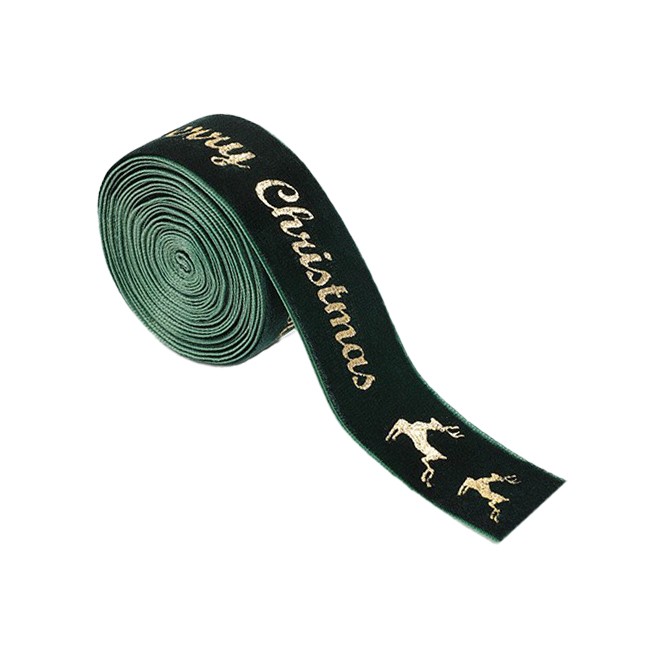 Panglica Decorativa de Craciun, Flippy, Panglica din Panza cu aspec de Catifea, Funda Ornament, Model Merry Christmas si Cerbi Aurii, Decor pentru Brad de Craciun, 200 x 2.5 cm, Verde