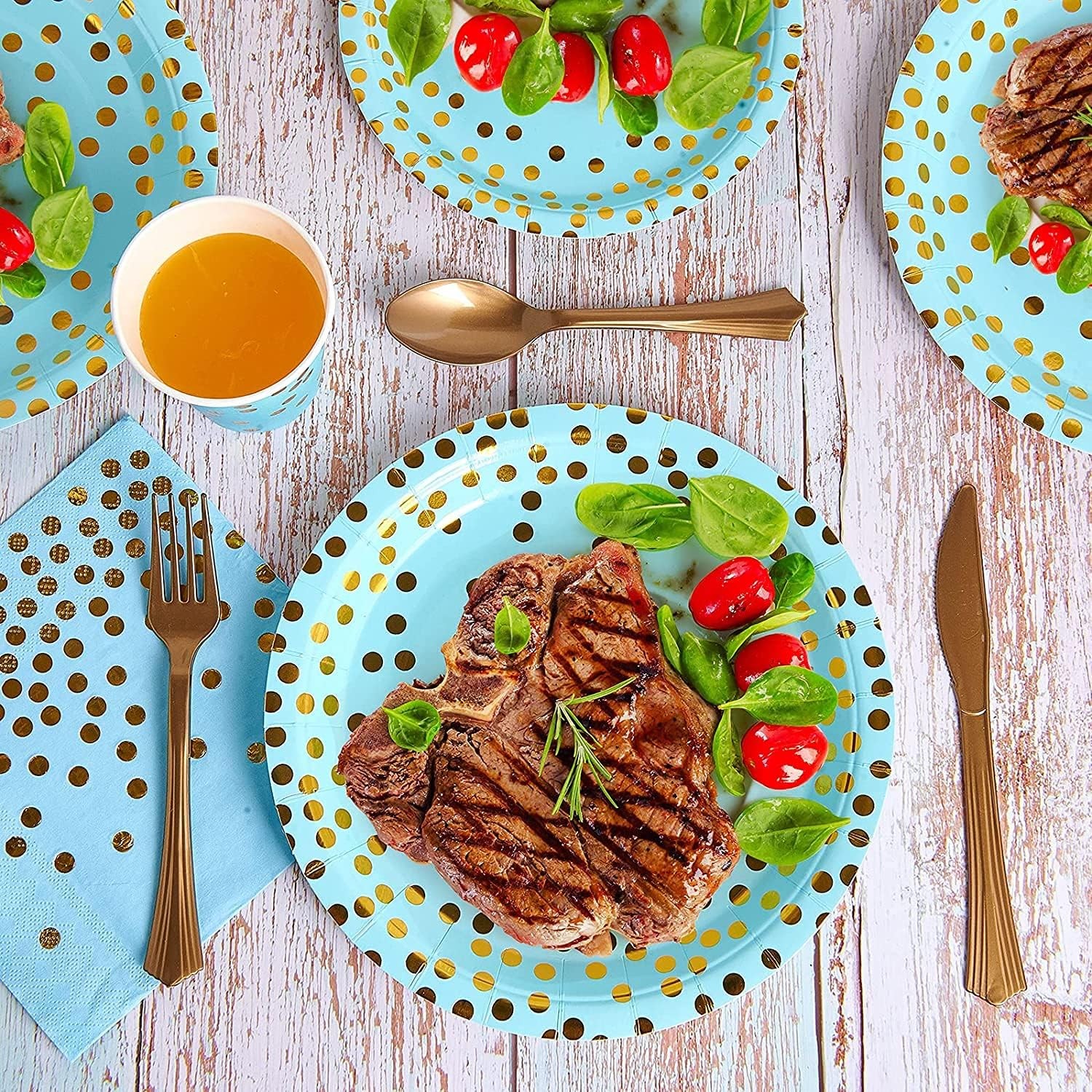 Set 10 Farfurii Unica Folosinta, Flippy, Imprimeu cu Buline, din Carton, Diametru 18 cm, Albastru/Auriu - imagine 3