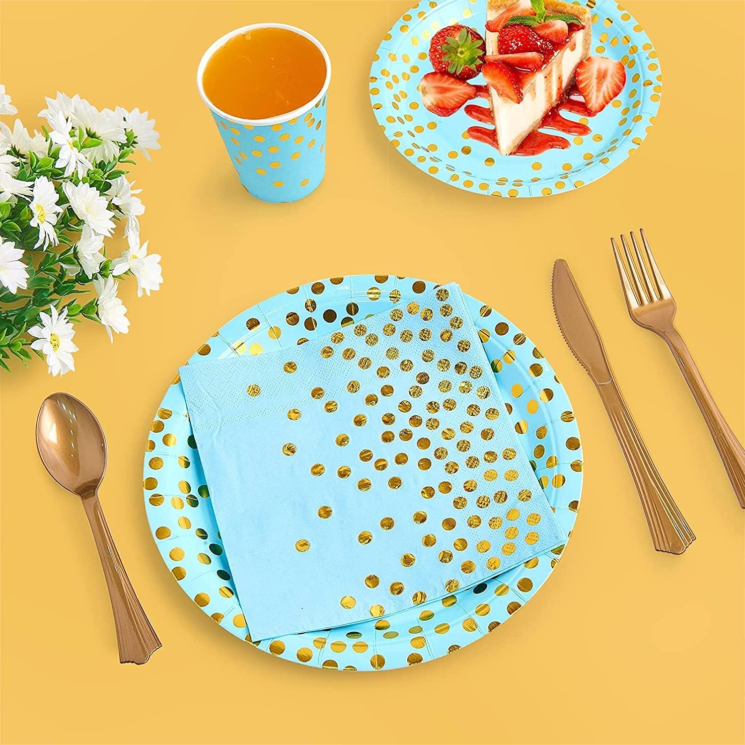 Set 10 Farfurii Unica Folosinta, Flippy, Imprimeu cu Buline, din Carton, Diametru 18 cm, Albastru/Auriu - imagine 4