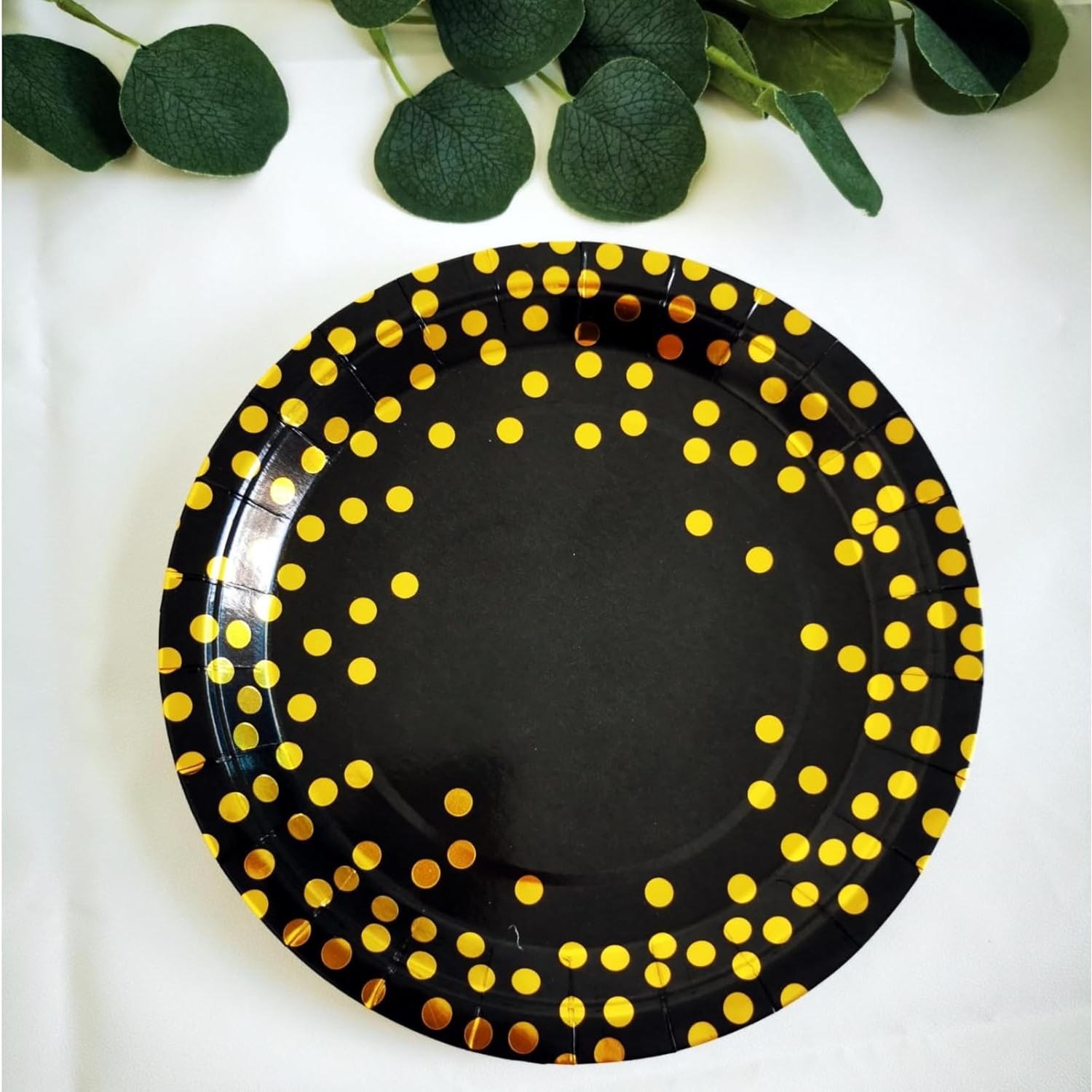 Set 10 Farfurii Unica Folosinta, Flippy, Imprimeu cu Buline, din Carton, Diametru 23 cm, Negru/Auriu - imagine 3