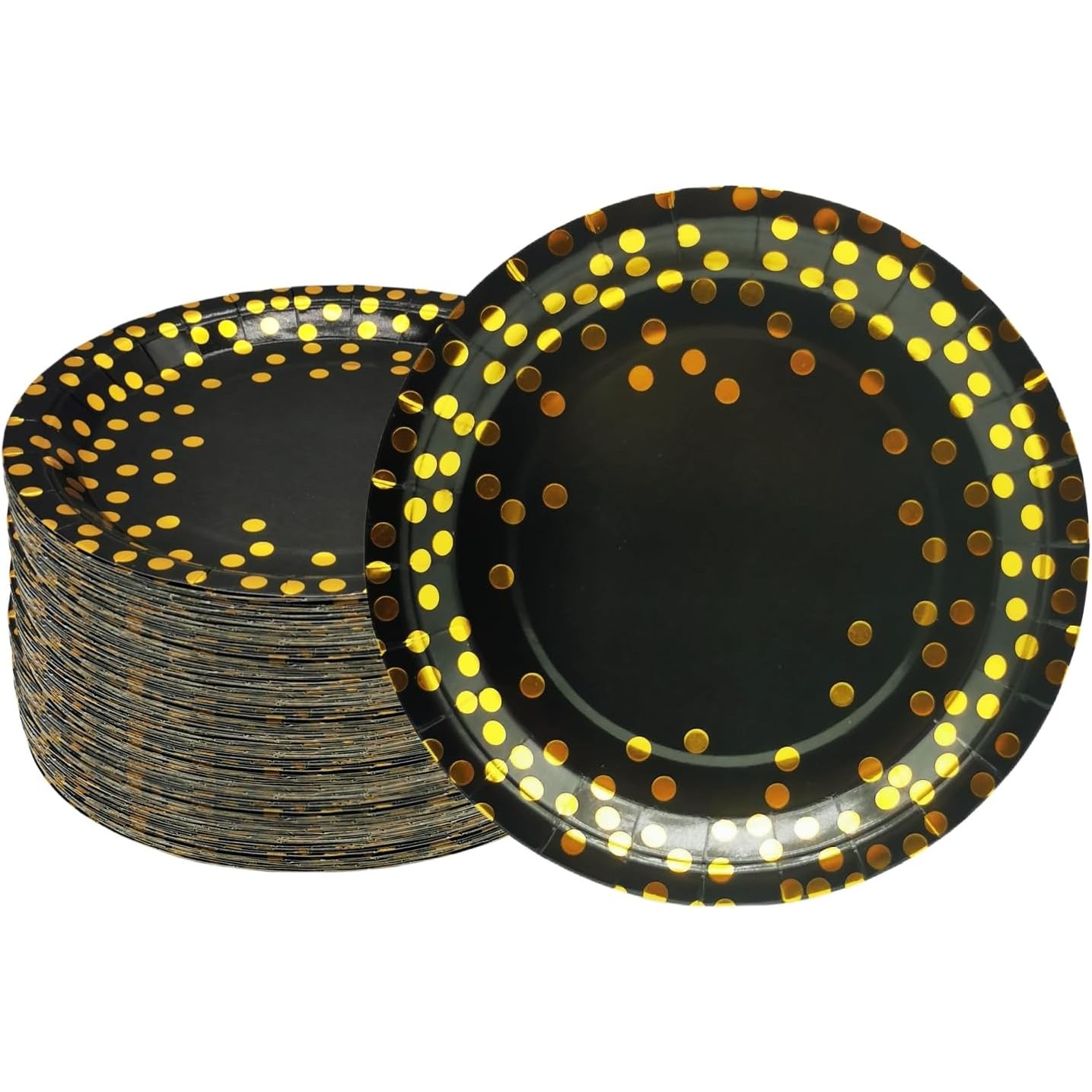 Set 10 Farfurii Unica Folosinta, Flippy, Imprimeu cu Buline, din Carton, Diametru 23 cm, Negru/Auriu - imagine 4