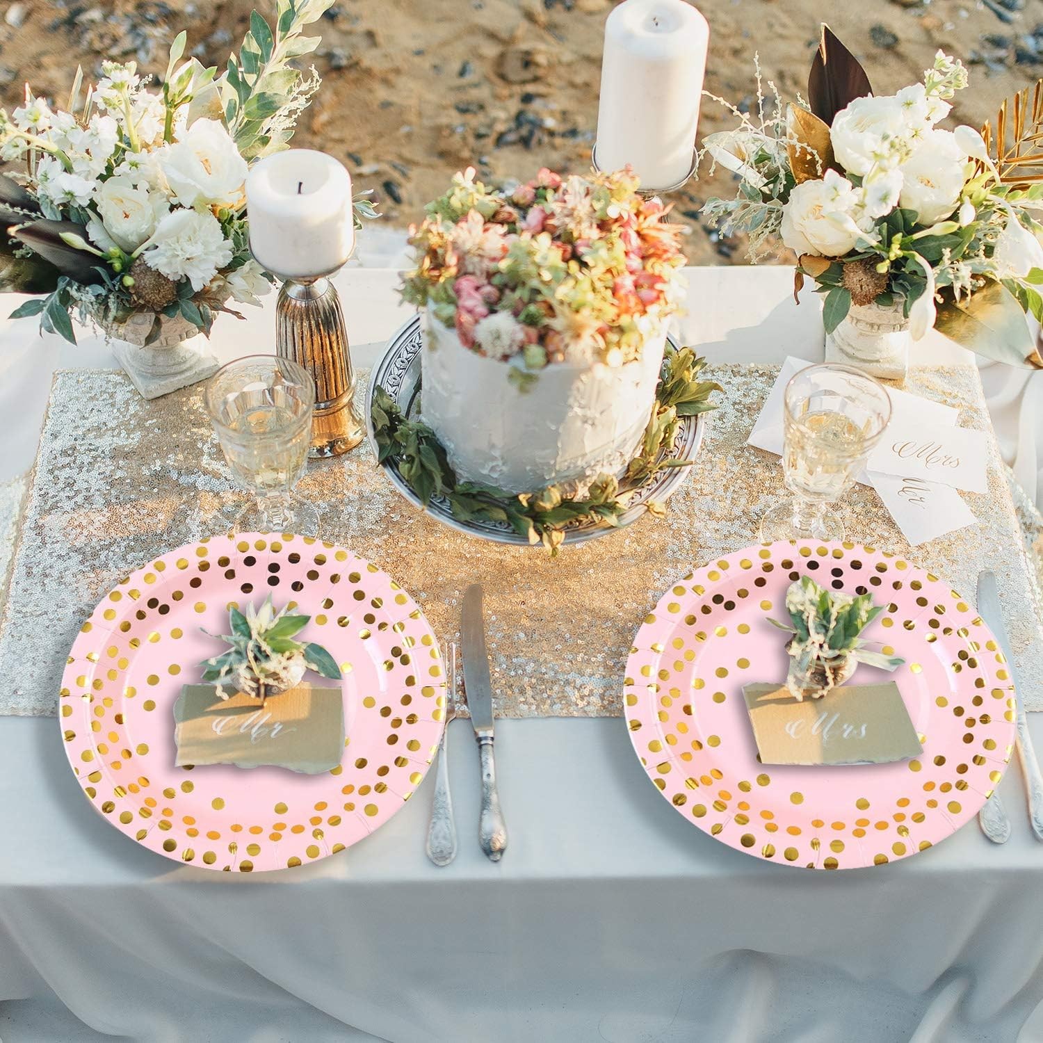 Set 10 Farfurii Unica Folosinta, Flippy, Imprimeu cu Buline, din Carton, Diametru 23 cm, Roz/Auriu - imagine 2