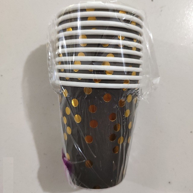 Set 10 Pahare, Flippy, Imprimeu cu Buline, din Carton, 250 ml, 7.5 x 8.5 x 5.2 cm, Negru/Auriu - imagine 2