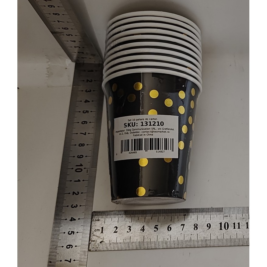 Set 10 Pahare, Flippy, Imprimeu cu Buline, din Carton, 250 ml, 7 x 8.5 x 5 cm, Negru/Auriu - imagine 4