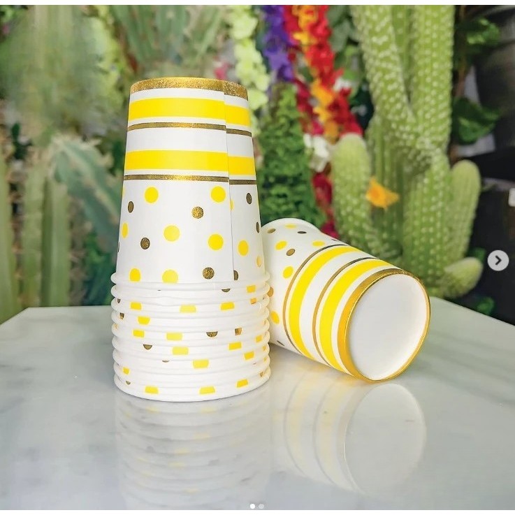 Set 10 Pahare, Flippy, Imprimeu cu Buline si Dungi, din Carton, 250 ml, 7.5 x 8.5 x 5.2 cm, Galben/Auriu - imagine 2