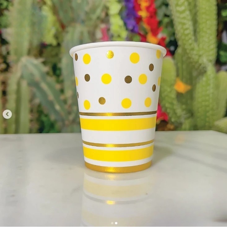 Set 10 Pahare, Flippy, Imprimeu cu Buline si Dungi, din Carton, 250 ml, 7.5 x 8.5 x 5.2 cm, Galben/Auriu - imagine 3