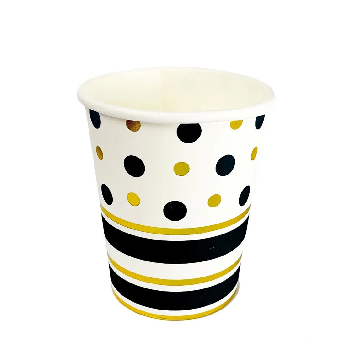 Set 10 Pahare, Flippy, Imprimeu cu Buline si Dungi, din Carton, 250 ml, 7.5 x 8.5 x 5.2 cm, Negru/Auriu - imagine 2
