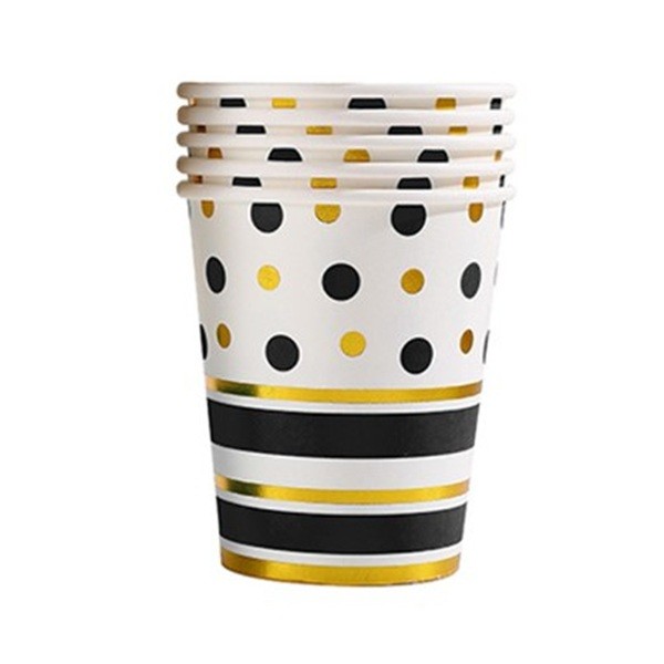 Set 10 Pahare, Flippy, Imprimeu cu Buline si Dungi, din Carton, 250 ml, 7.5 x 8.5 x 5.2 cm, Negru/Auriu