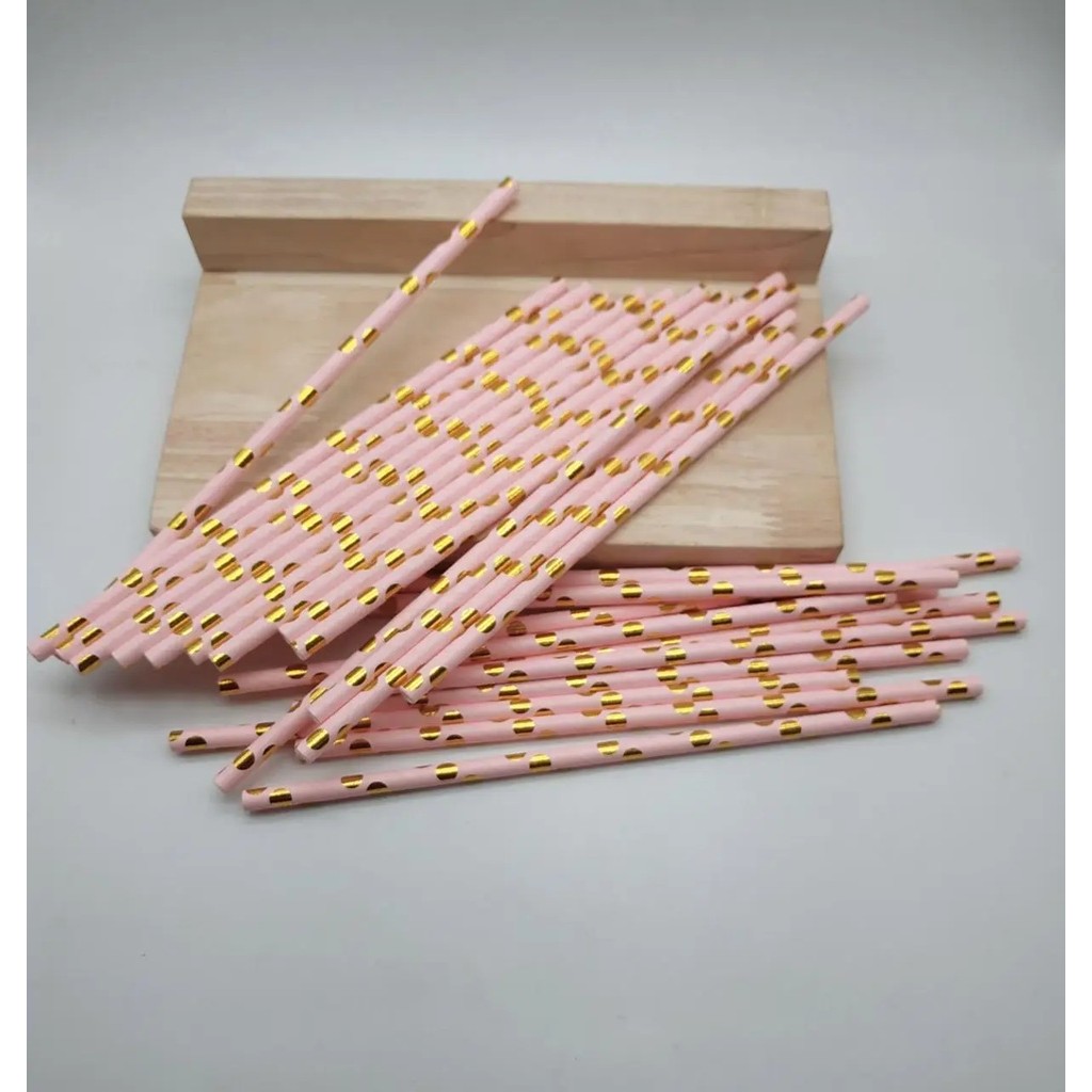 Set 10 Paie, Flippy, din Hartie, 19.5 cm, Model cu Buline Aurii, Roz - imagine 2