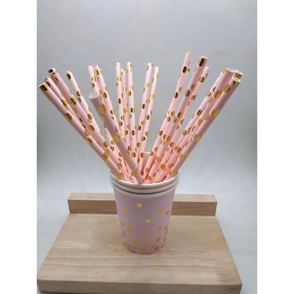 Set 10 Paie, Flippy, din Hartie, 19.5 cm, Model cu Buline Aurii, Roz - imagine 3