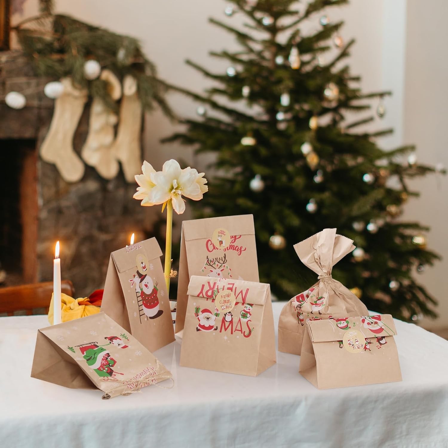 Set 12 Pungi de Cadou, Flippy, Tema Craciun, 12 Stickere Incluse, 22 x 12 x 8 cm, din Hartie, Maro - imagine 4