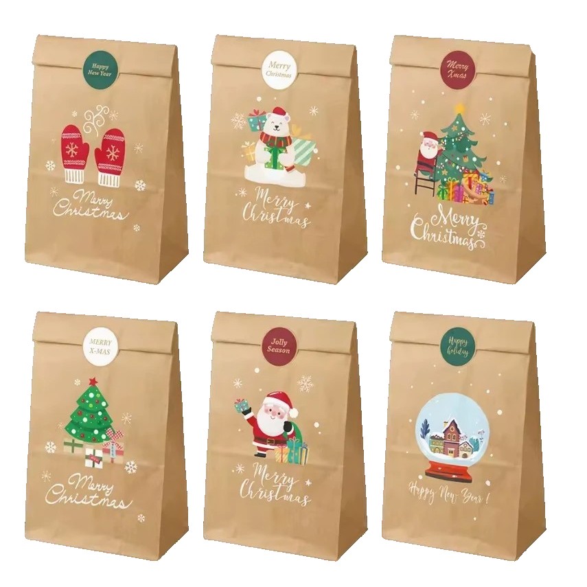 Set 12 Pungi de Cadou, Flippy, Tema Craciun, 12 Stickere Incluse, 22 x 12 x 8 cm, din Hartie, Maro