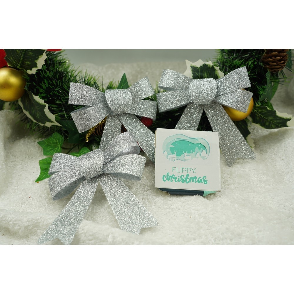 Set 3 fundite pentru brad, Argintii, cu sclipici, 10 x 11 cm, din poliester, Flippy - imagine 3