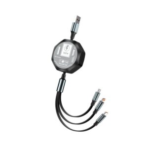 Cablu Retractabil 3in 1 pentru Telefon, Flippy, Cablu de incarcare rapida 100W, stil Mecha, potrivit pentru Auto, Universal 1.2M, Negru