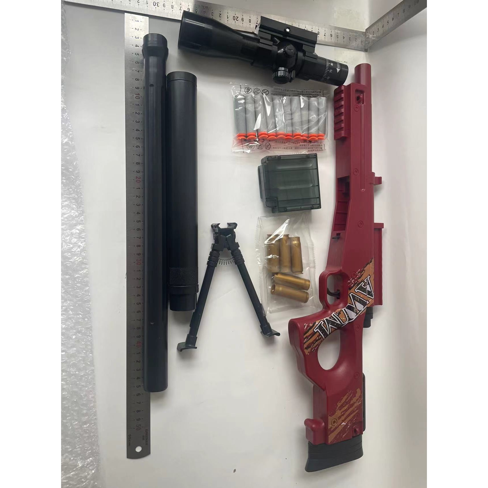 Pusca de Jucarie AWM Ultrarealista, Flippy, Manuala, cu Luneta, 10 de Proiectile din Spuma Moale, 5 Cartuse, 106 cm, 14 ani+, Rosu - imagine 2