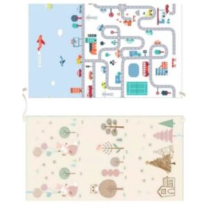 Covoras de Joaca pentru Copii Termic cu 2 Fete, Flippy, Model Vulpi si Pista de Masini, cu Spuma, Impermeabil, Antiderapant, 200cm x 160cm x 0.6cm