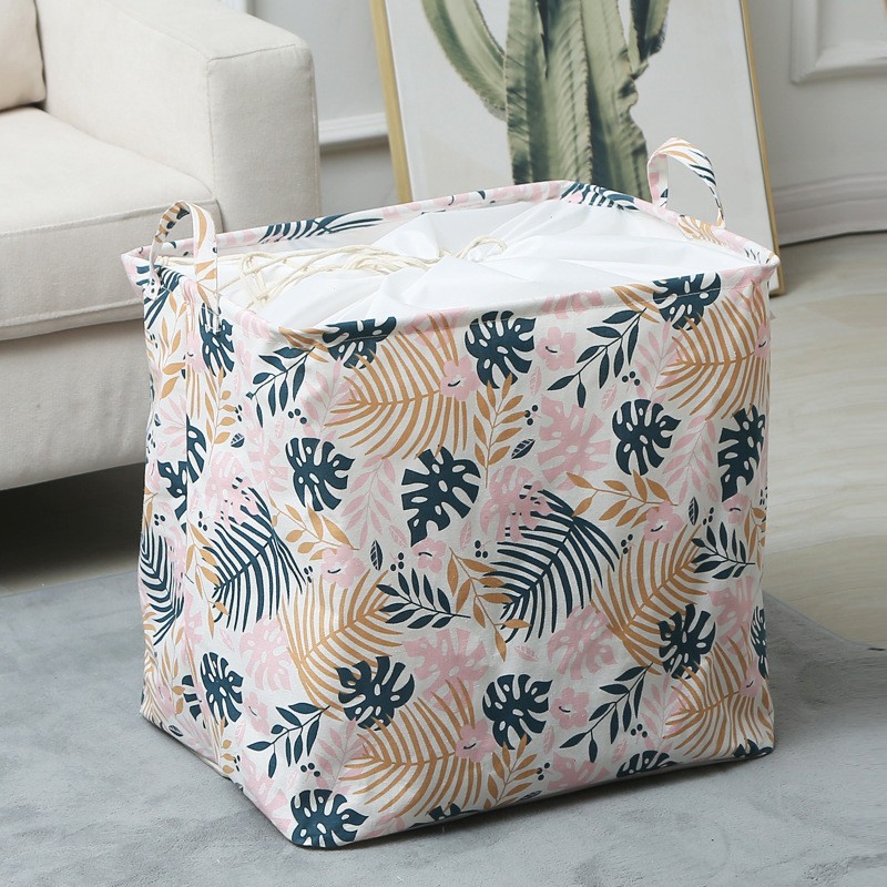 Cos de Depozitare pentru Rufe, Flippy, Cos Pliabil CLOTHBOX pentru Depozitarea Jucarii, Haine, Cos de Haine Murdare cu Snur, 80 x 50 x 50 cm, Model Frunze, Alb Multicolor - imagine 2