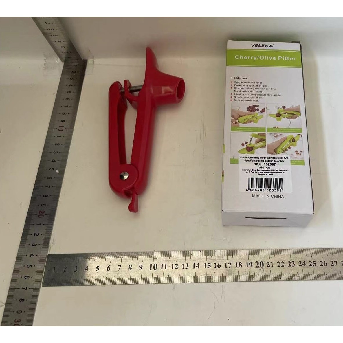 Dispozitiv de Scos Samburi, Flippy, Manual, cu 1 Gaura, pentru Cirese/Masline, 20.5 x 3.8 x 13 cm, din ABS+Otel Inoxidabil, cu Maner, Rosu - imagine 2