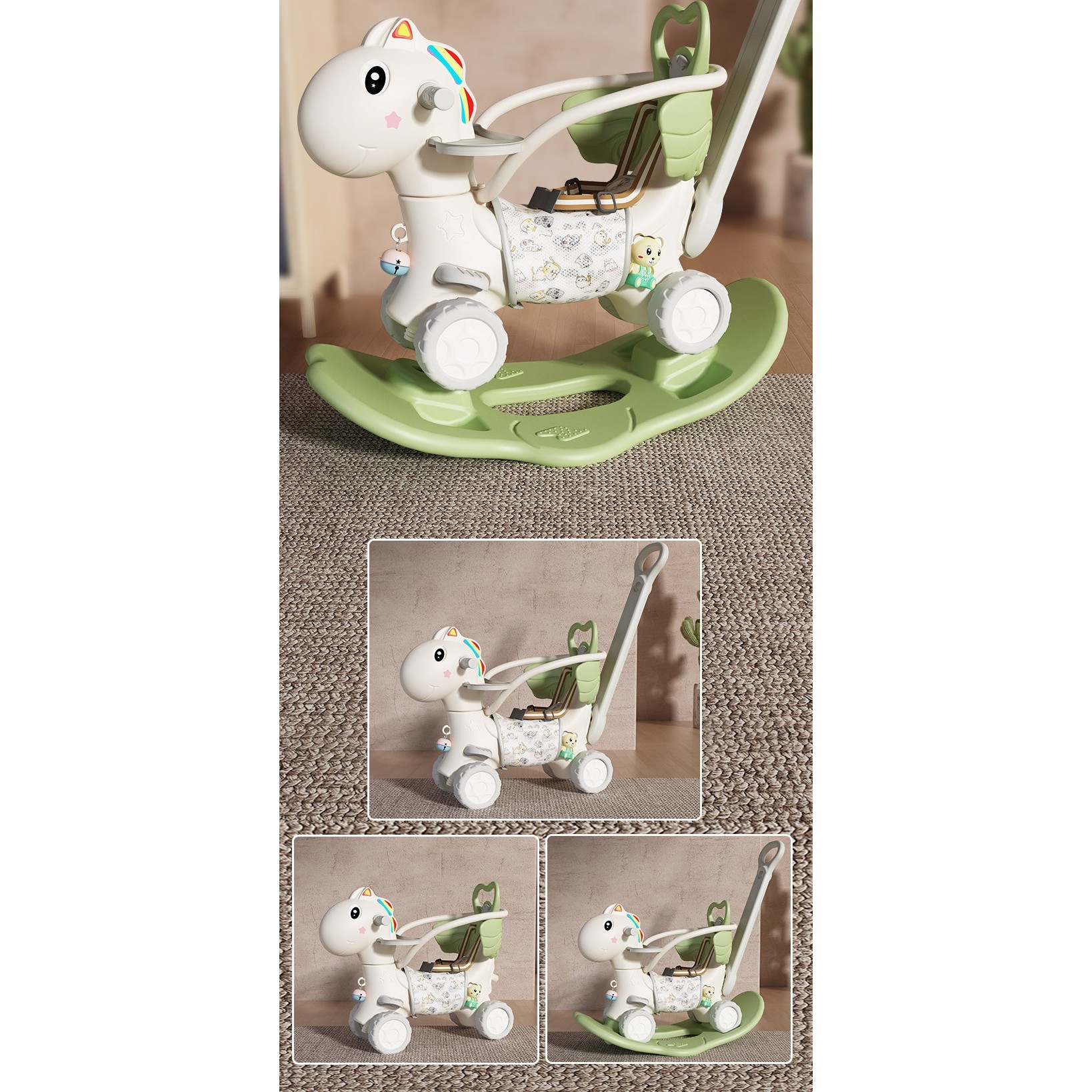 Balansoar pentru Copii, Flippy, 3in1, cu Spatar si Bara de Siguranta, Maner cu Cos de Basket, Tava de Masa, 80 x 43 x 83 cm, din Plastic, + 3 Ani, Verde - imagine 4