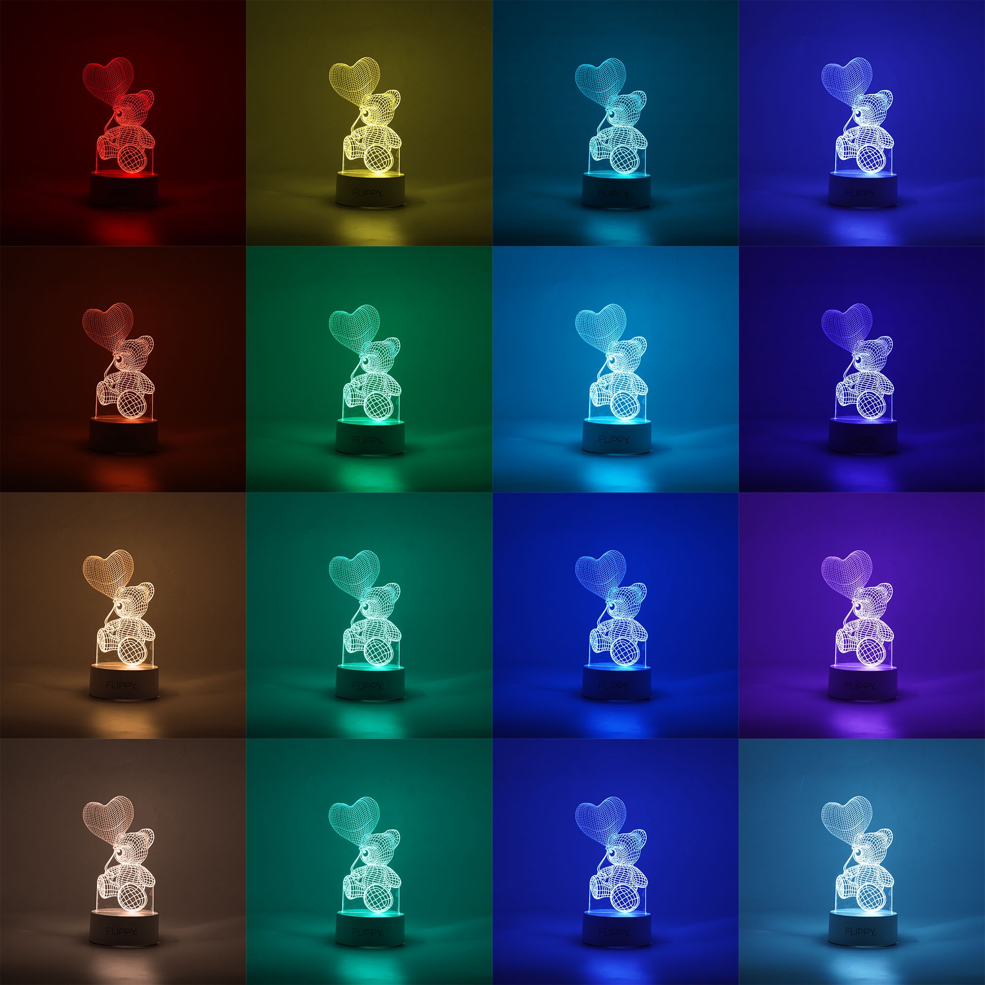Lampa LED decorativa, Flippy, 3D, Ursulet cu balon inima, cu telecomanda, doua moduri de alimentare USB si baterii, 20 cm inaltime, din material acril si lumina multicolora, alb - imagine 3
