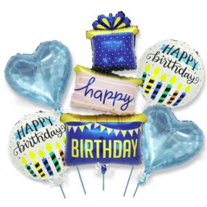 Baloane pentru aniversare, Flippy, tematica Happy Birthday, set 5 baloane, 1 Cadouri, 2 inimi, 2 rotunde, din folie de aluminiu, pai de carton inclus, 60 x 124 cm Albastru