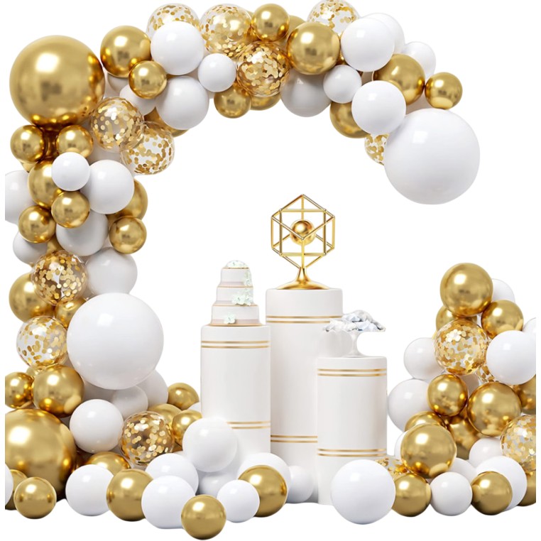 Baloane pentru Arcada decorativa, Flippy, Set 127 baloane din Latex, Model Petrecere pentru Arcada, Baloane Party, 12 cm, 25 cm, 30 cm, Alb Gold - imagine 2