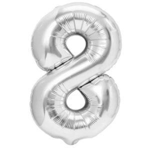 Balon din Folie Metalizata, Flippy, Figurina Cifra, Tema Aniversare 100 cm, Ambalaj Individual, Pai inclus, Umflare cu Aer sau Heliu, Argintiu, Cifra 8