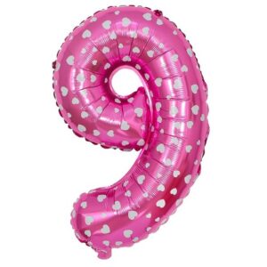 Balon din Folie Metalizata Flippy, Figurina Cifra, Imprimeu Inimi, Tema Aniversare 80 cm, Ambalaj Individual, Pai inclus, Umflare cu Aer sau Heliu, Roz, Cifra 9