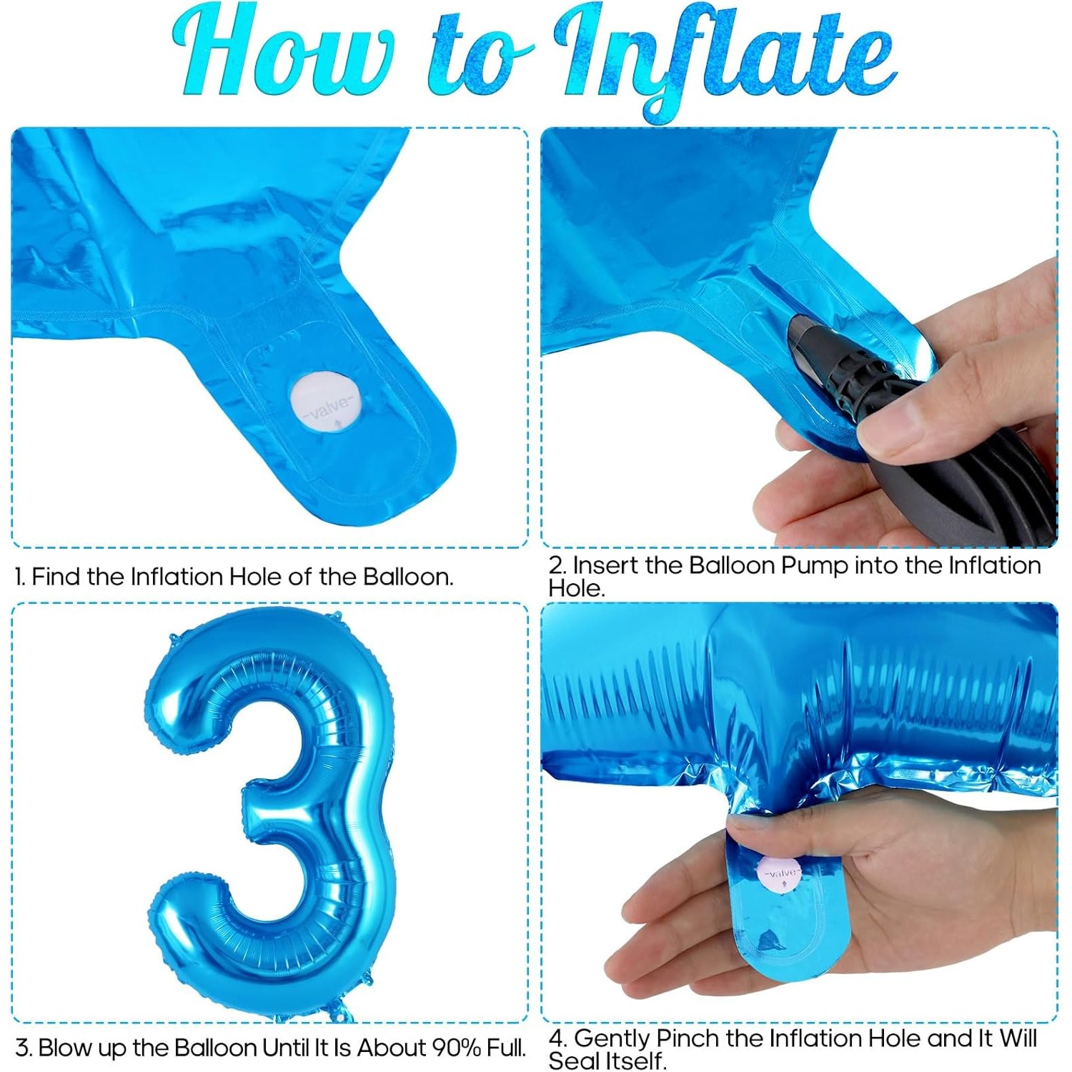 Balon din Folie Metalizata Flippy, Figurina Cifra, Tema Aniversare 40 cm, Ambalaj Individual, Pai inclus, Umflare cu Aer sau Heliu, Albastru, Cifra 3 - imagine 2