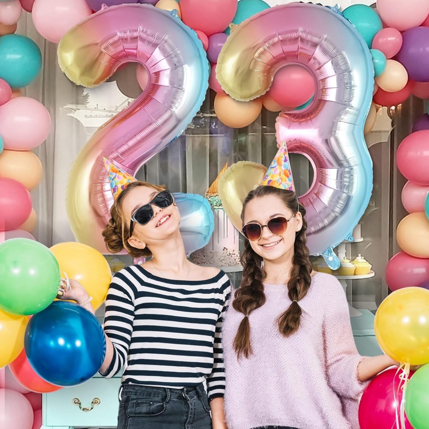 Balon din Folie Metalizata Flippy, Figurina Cifra Gradient, Tema Aniversare 40 cm, Ambalaj Individual, Pai inclus, Umflare cu Aer sau Heliu, Multicolor, Cifra 3 - imagine 2