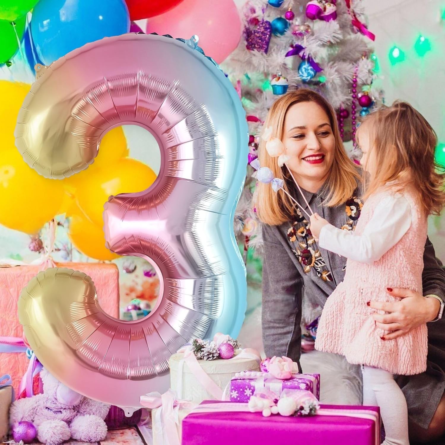 Balon din Folie Metalizata Flippy, Figurina Cifra Gradient, Tema Aniversare 40 cm, Ambalaj Individual, Pai inclus, Umflare cu Aer sau Heliu, Multicolor, Cifra 3 - imagine 3