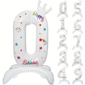 Balon din Folie Metalizata, Flippy, Figurina Cifra, Model 0 cu Happy Birthday Scris, Tema Aniversare 81 cm, Ambalaj Individual, Pai Inclus, Umflare cu Aer sau Heliu, Alb
