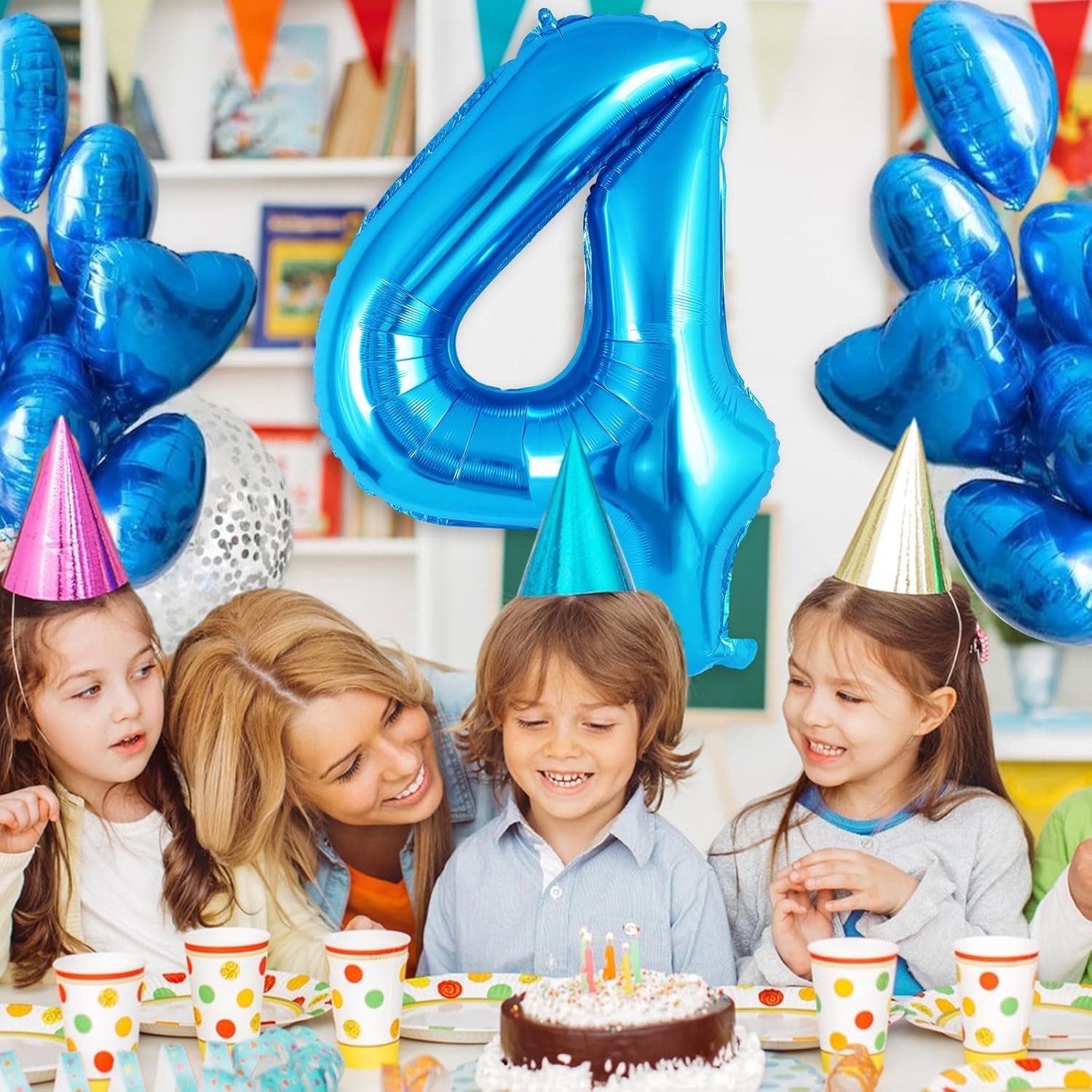 Balon din Folie Metalizata Flippy, Figurina Cifra, Tema Aniversare 40 cm, Ambalaj Individual, Pai inclus, Umflare cu Aer sau Heliu, Albastru, Cifra 4 - imagine 4