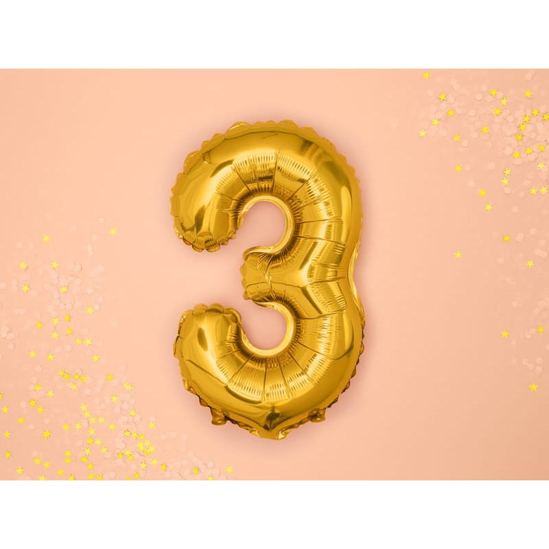 Balon din Folie Metalizata Flippy, Figurina Cifra, Tema Aniversare 40 cm, Ambalaj Individual, Pai inclus, Umflare cu Aer sau Heliu, Auriu, Cifra 3 - imagine 3