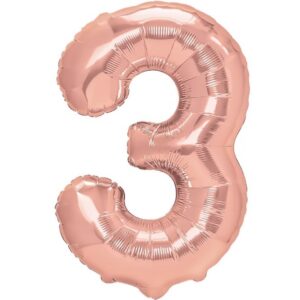 Balon din Folie Metalizata Flippy, Figurina Cifra, Tema Aniversare 80 cm, Ambalaj Individual, Pai inclus, Umflare cu Aer sau Heliu, Rose Gold, Cifra 3