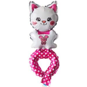 Balon din Folie Metalizata, Flippy, Figurine Animalute, Tip Bratara, Model Pisica, Ambalaj Individual, Pai Inclus, Umflare cu Aer sau Heliu, Alb