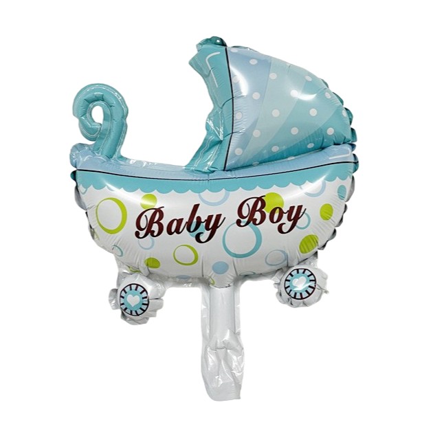 Balon din Folie Metalizata, Flippy, Mini Figurina, Model Carucior Bebelus, Tematica Gender Reveal, 39x29 cm, Ambalaj Individual, Pai Inclus, Umflare cu Aer sau Heliu, Albastru - imagine 3