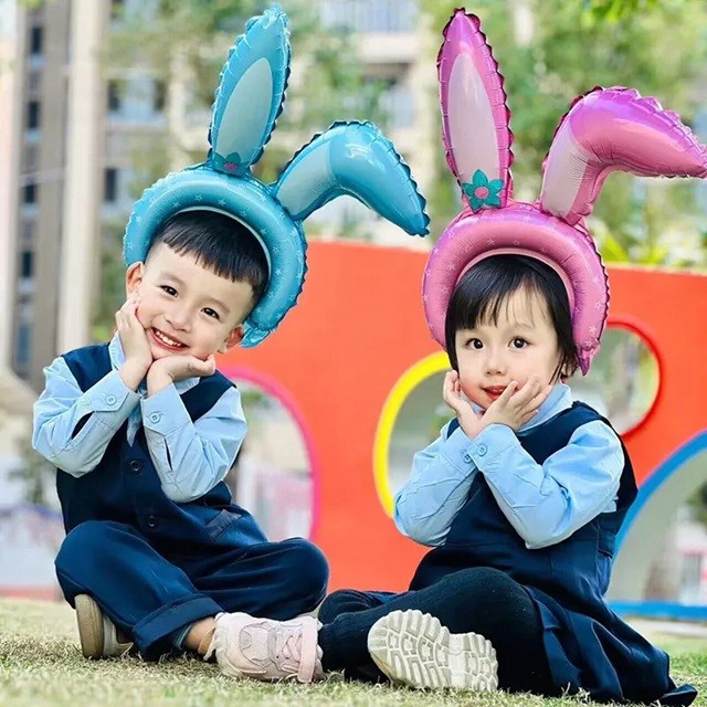 Balon din Folie Metalizata, Flippy, Tip Coronita cu Urechi, Model Iepure, Ambalaj Individual, Pai Inclus, Umflare cu Aer sau Heliu, 38 x 45 cm, Albastru - imagine 2