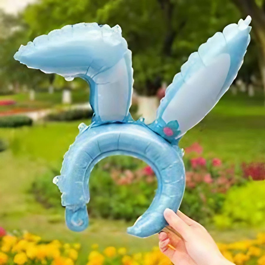 Balon din Folie Metalizata, Flippy, Tip Coronita cu Urechi, Model Iepure, Ambalaj Individual, Pai Inclus, Umflare cu Aer sau Heliu, 38 x 45 cm, Albastru - imagine 3