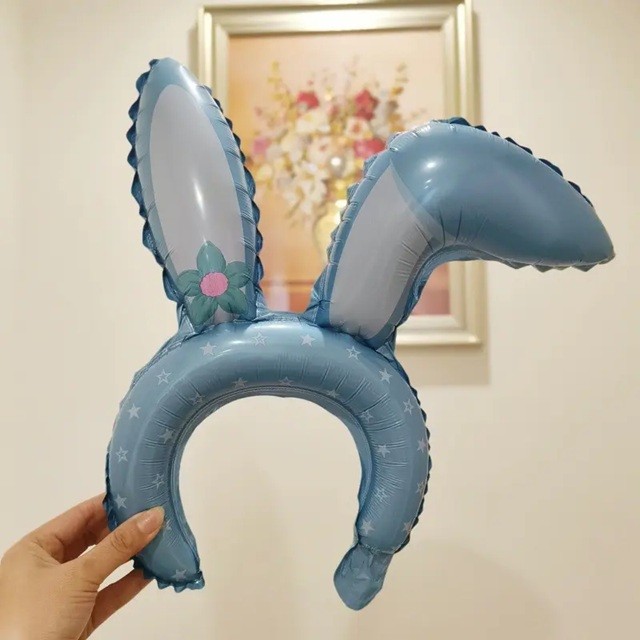 Balon din Folie Metalizata, Flippy, Tip Coronita cu Urechi, Model Iepure, Ambalaj Individual, Pai Inclus, Umflare cu Aer sau Heliu, 38 x 45 cm, Albastru - imagine 4