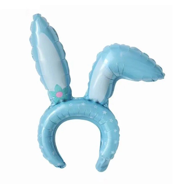 Balon din Folie Metalizata, Flippy, Tip Coronita cu Urechi, Model Iepure, Ambalaj Individual, Pai Inclus, Umflare cu Aer sau Heliu, 38 x 45 cm, Albastru