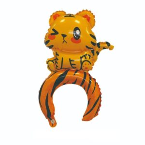 Balon din Folie Metalizata, Flippy, Tip Coronita, Model Tigru, Ambalaj Individual, Pai Inclus, Umflare cu Aer sau Heliu, 48 x 28 cm, Portocaliu