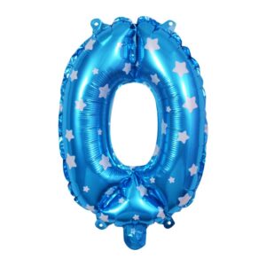 Balon din Folie Metalizata Flippy, Figurina Cifra, Imprimeu Stele, Tema Aniversare 80 cm, Ambalaj Individual, Pai inclus, Umflare cu Aer sau Heliu, Albastru, Cifra 0
